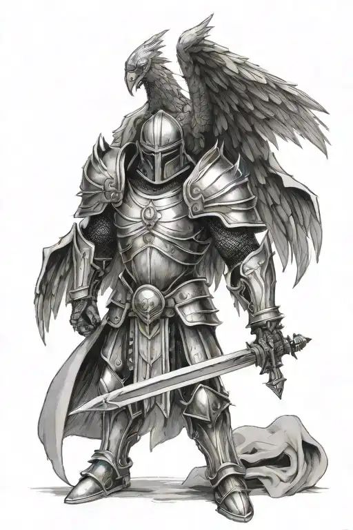 Arc Ange Wearing A Suit Of Armor But No Helmet And A Sword Standing Straight Up With Wings Spread