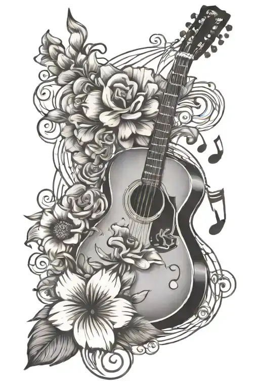 Music Notes And Guitar With Flower