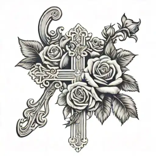 Cross With Roses And Roman Numerals