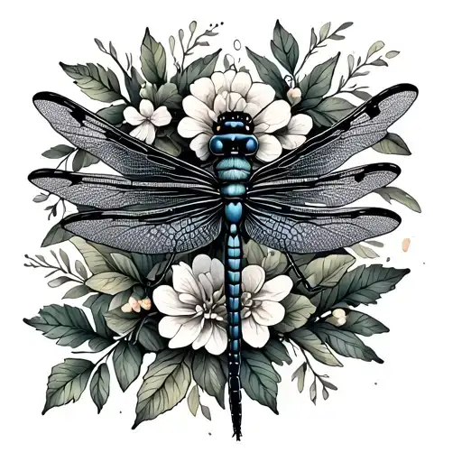 Dragonfly With Greenery Flowers Leaves And Branches