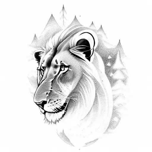 A Majestic Lion Leaping Over A Mountain Range With The Northern Lights Illuminating The Sky