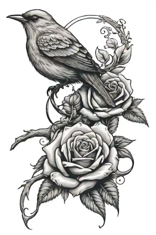 Rose Sleeve With A Mockingbird And A Ring