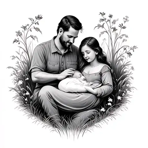Farm Scene With Newborn Baby Girl Mother And Father