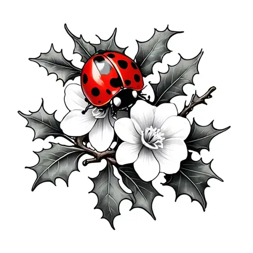 Ladybug On A Branch Of Holly And Narcissist Flower