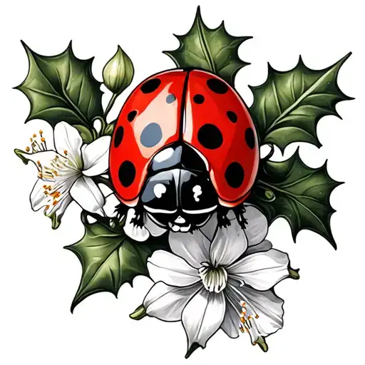 Ladybug On A Branch Of Holly And Narcissist Flower