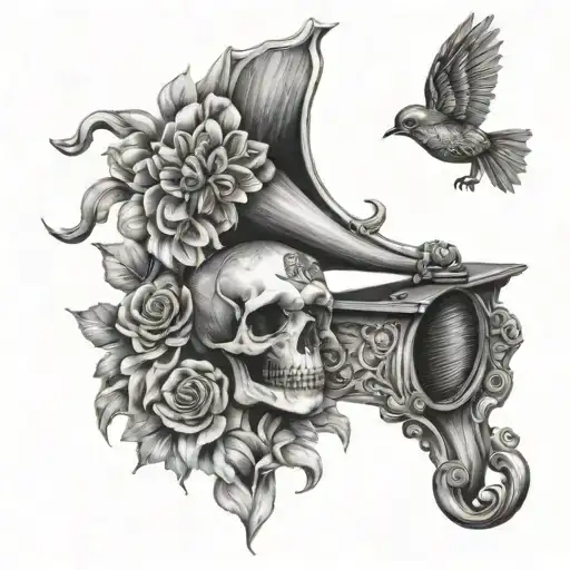 Gramophone Skull Dahlias Birds