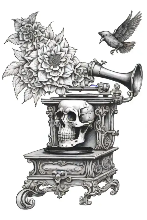 Gramophone Skull Dahlias Birds