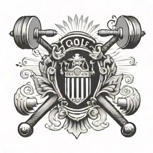 A Traditional Old Money Style Crest Featuring Golf And Weightlifting Symbols
