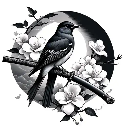 Cherry Blossem Birds Clouds Katana