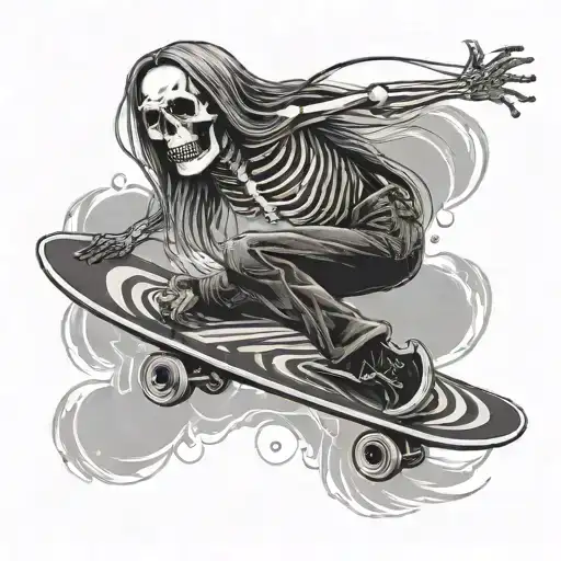 Skeleton Riding On A Skateboard With Long Hair Tattoo Holding Onto A Surfboard Above His Head