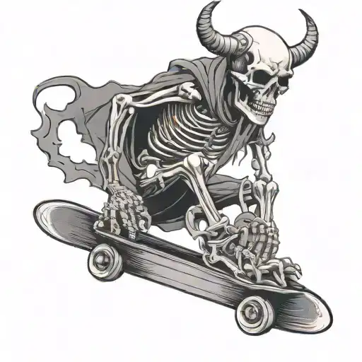 Skeleton Riding On A Skateboard With Horns