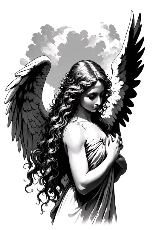 Angel On My Looking Down With Her Wings On My Chest And Shoulder Blade