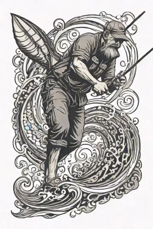 A Black And Grey Image Of A Fisherman Casting A Line Into A Swirling Vortex