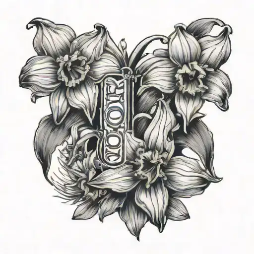 Black And White Big Leg Tattoo Of Daffodils And The Name Rorymae Written In Red