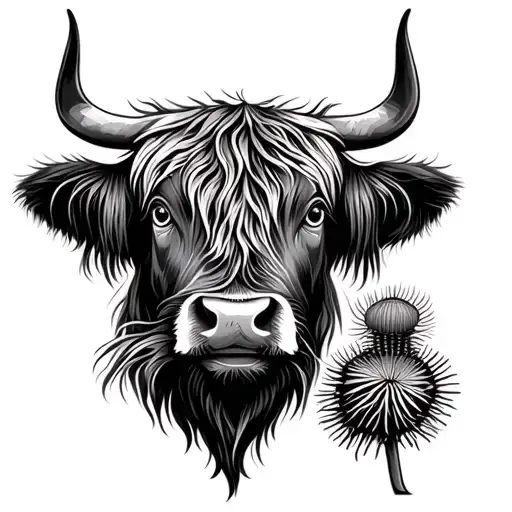 Highland Cow Face With Thistles In Mouth Gazing
