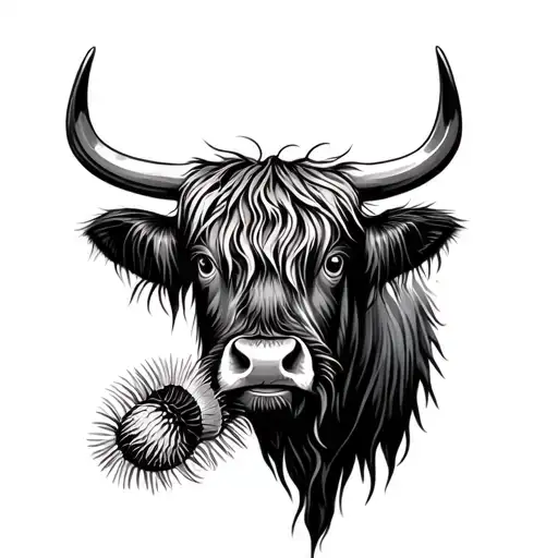 Highland Cow Face With Thistles In Mouth