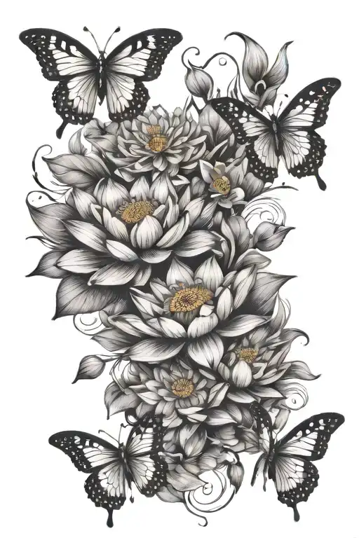 Lotus Flowers With Butterflies Surrounding