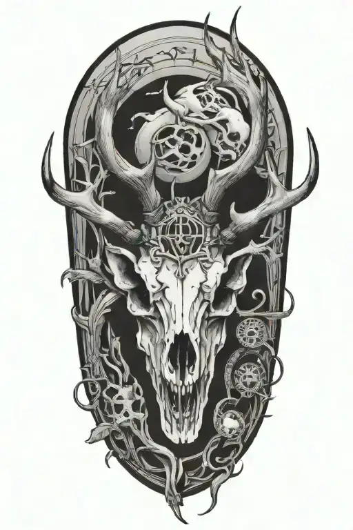 A Black-grey Tattoo Of A Deer Skull With Antlers Intertwined With Fishing Hooks