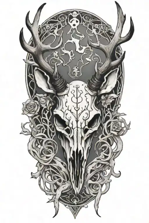 A Black-grey Tattoo Of A Deer Skull With Antlers Intertwined With Fishing Hooks