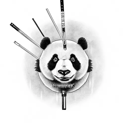 A Black And Grey Tattoo Of A Panda Holding An Electronic Cigarette While Surrounded By Musical Notes