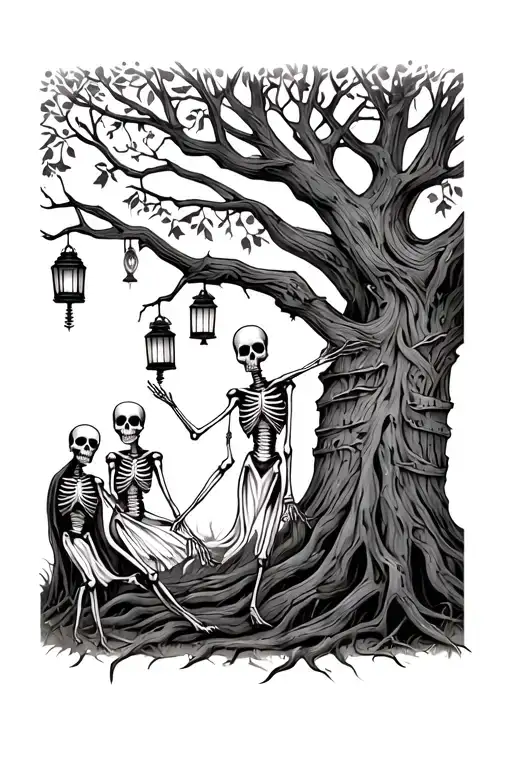Skeletons Dancing Under Tree With Lanterns
