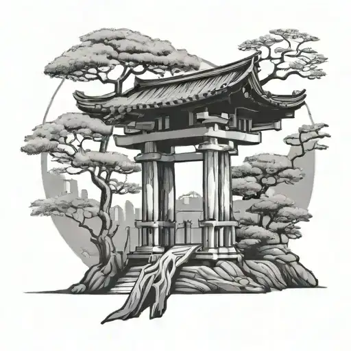 Torii Gate And Sakaki Tree Growing