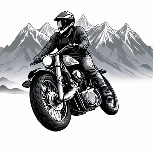 Mountain Range With A Man Riding A Motorcycle