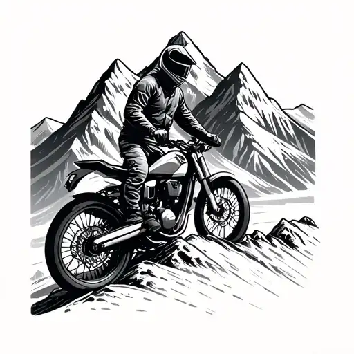 Mountain Range With A Man Riding A Motorcycle On The Mountain