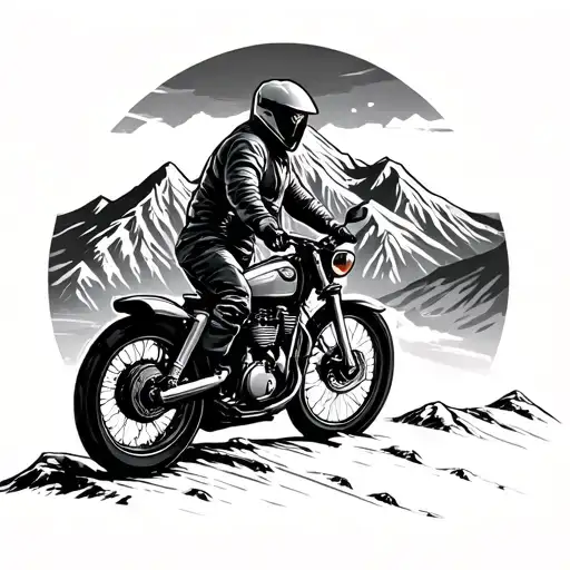 Mountain Range With A Man Riding A Motorcycle On The Mountain