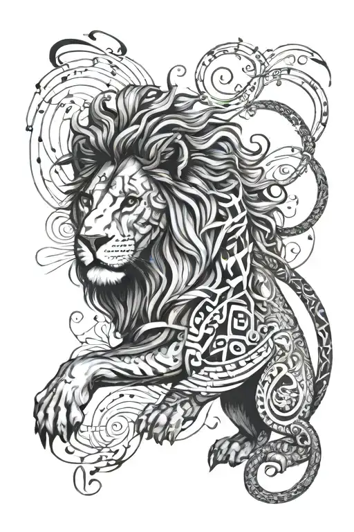 A Lion Made Out Of Musical Notes Intertwined With The Names Of Family Members In A Blackwork Style