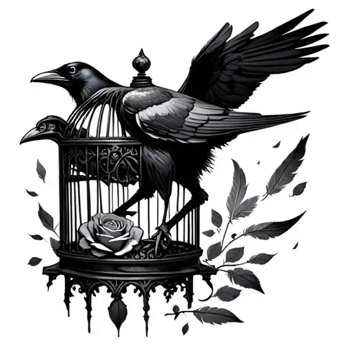 Raven With A Rose Cage With The Door Open And Feathers Falling Down