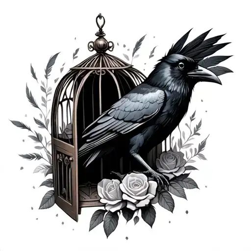 Raven Sitting Inside A Rose Cage With The Door Open And Feathers Falling Down