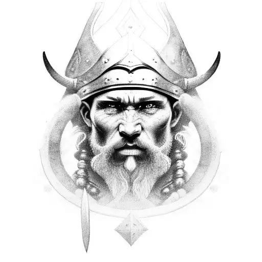A Black And Grey Portrait Of A Viking Warrior With Mystical Powers