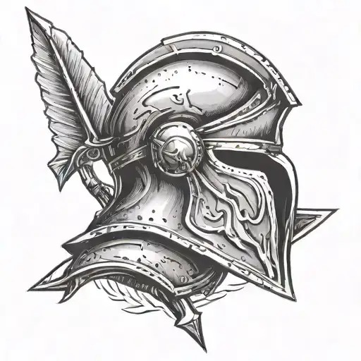 Drawing Of A Spartan Helmet Stuck On An Arrow For A