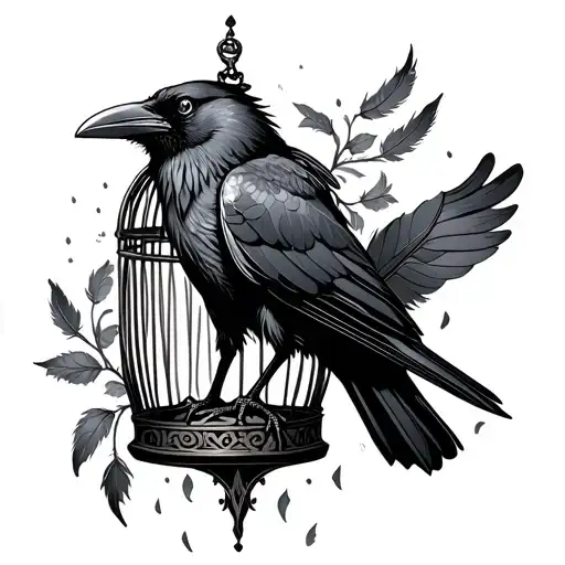 Raven Sitting Inside A Rose Cage With The Door Open And Feathers Falling Down Off The Cage