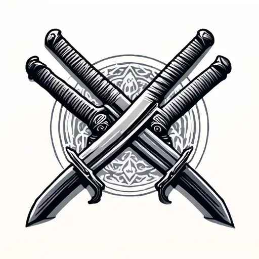 Two Crossed Katanas In Black Engraving Style Illustration