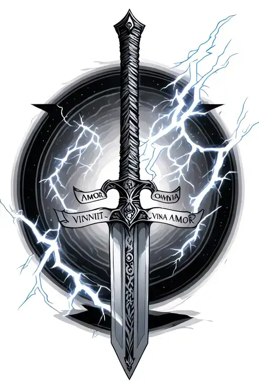 Lightning Sword With The Words Amor Vincit Omnia Vincit Amor