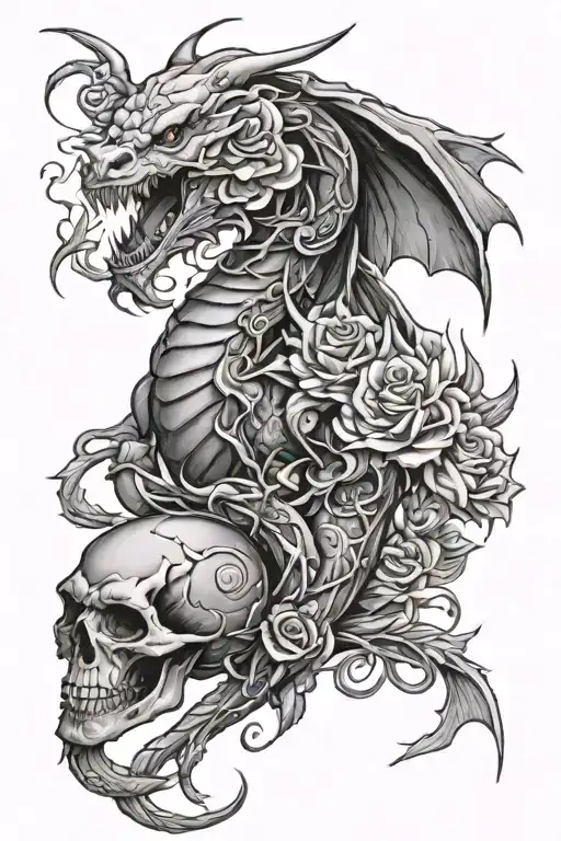 Dragon And Skulls And Roses Intertwined