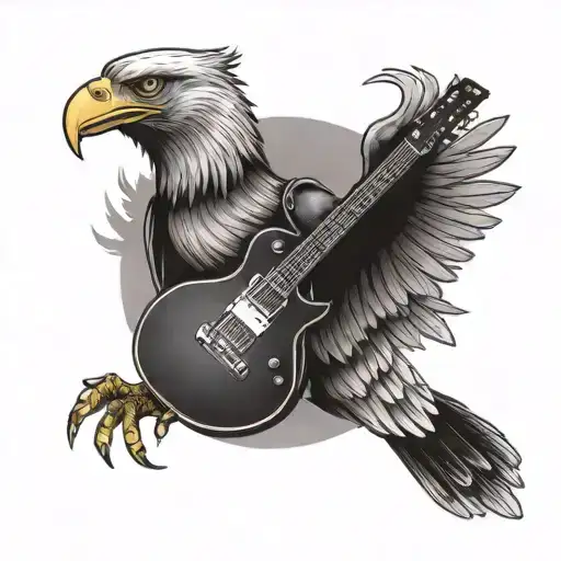 Create A Tattoo Of A Majestic Eagle Holding A Briefcase In One Claw And A Guitar In The Other