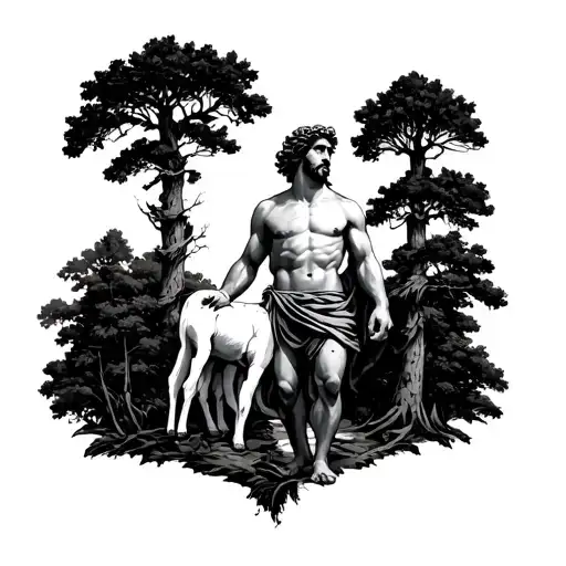 Greek God With Small Calves In A Forest
