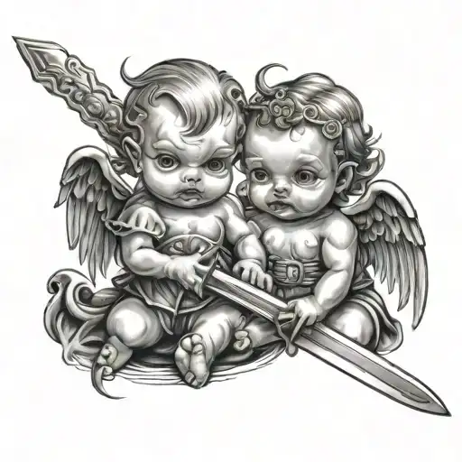 Baby Evil And Baby Angel Holding A Sword