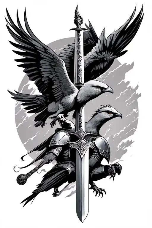 Two Birds In Armor Flying Around A Sword Going