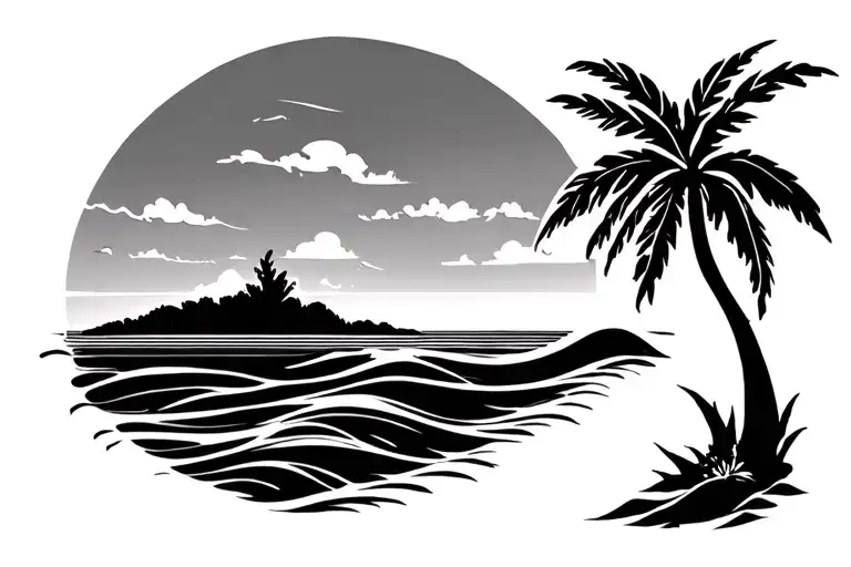 St John Usvi Island Outline Tattoo Design Featuring Single Minimal Wave And Palm Tree Inside