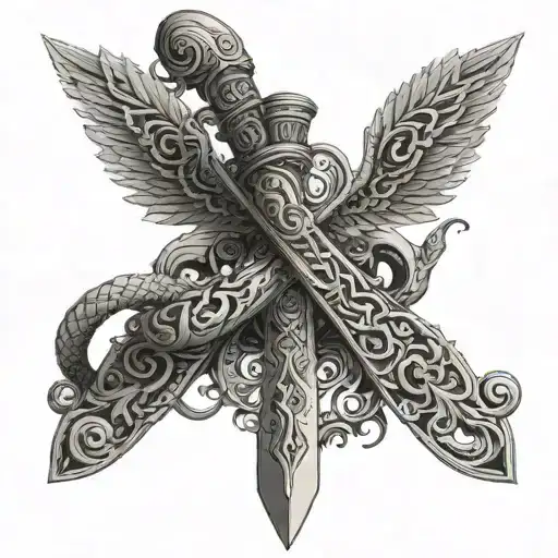 A Sword With Intricate Snake Patterns And Wings Extending From The Hilt