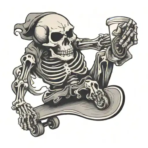 Skeleton Riding Skateboard Holding A To Go Coffee Cup
