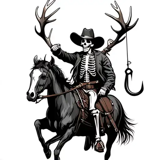 Antlers And Fishing Hook With Skeleton Cowboy Riding