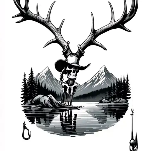Antlers And Fishing Hook With Skeleton Cowboy And Mountains With Lake