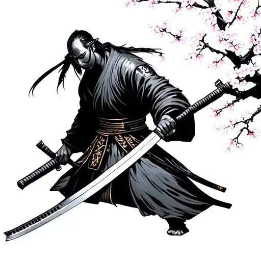 Japanese Ronin With Katana Under Cherry Blossom
