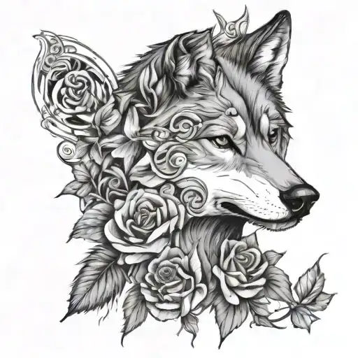Wolf Head And Roses And Vines