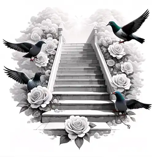 Clouds Roses And Pigeons Surrounding Stairs Going Into Heaven